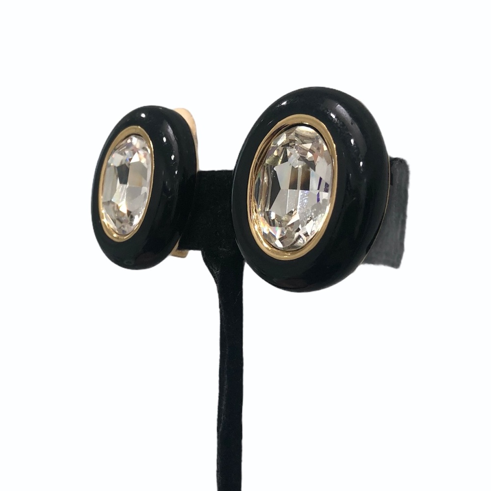 CHRISTIAN DIOR BLACK ENAMEL & FACETED CRYSTAL OVAL CLIP ON EARRINGS - Picture 5 of 16